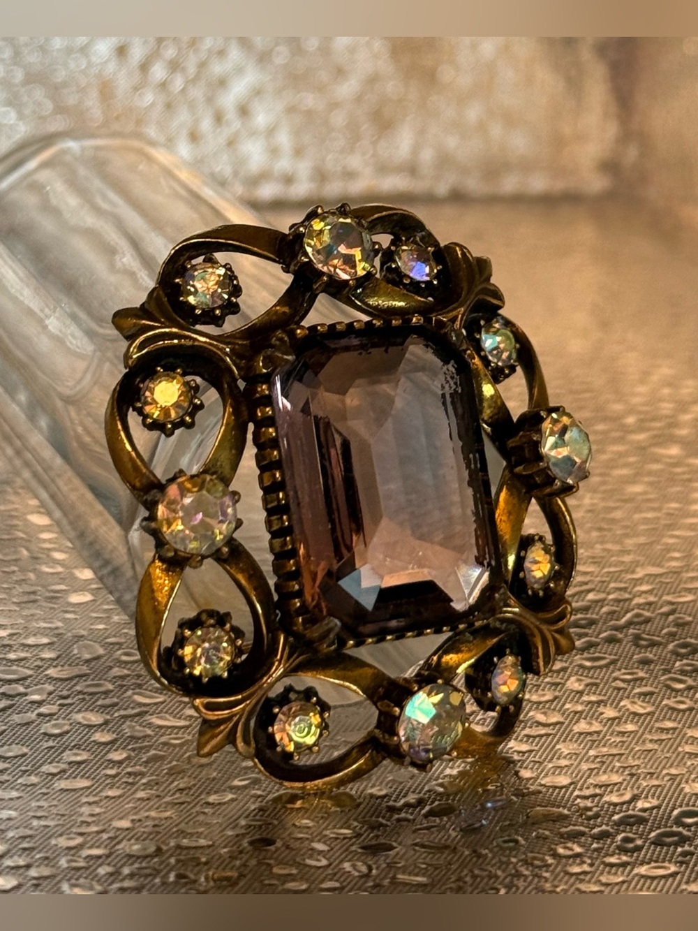 Victorian Revival Brooch Gold Tone Setting Amethyst Glass Central Stone Florenza